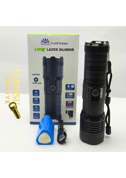 GK9595 100W Lazer LED Profesyonel El Feneri - 7200MAH Powerbank Özellikli, 2200M Menzil, Zoomlu