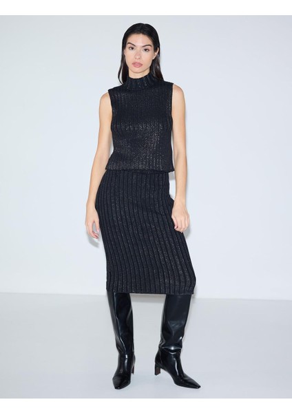 Siyah Normal Bel Pamuklu Midi Triko Etek