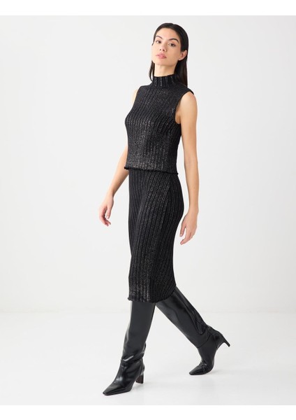 Siyah Normal Bel Pamuklu Midi Triko Etek