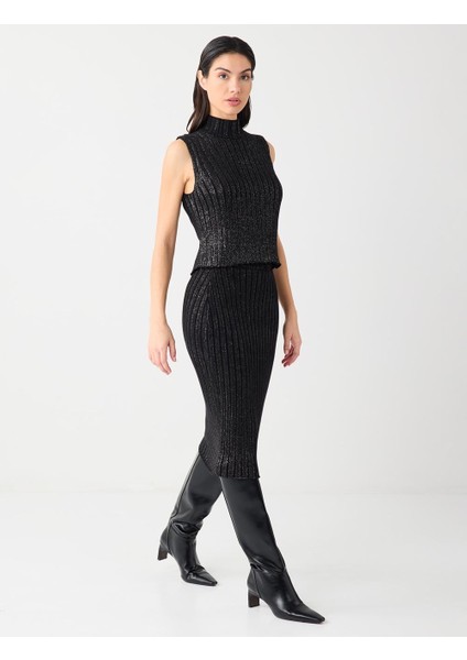 Siyah Normal Bel Pamuklu Midi Triko Etek