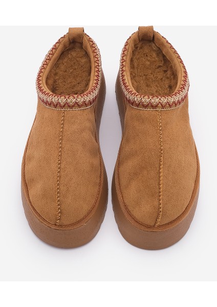 Kadın İçi Kürklü Kalın Taban Önü Kapalı Günlük Kışlık Terlik Furenta Taba Süet