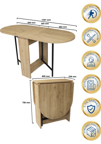Bianda Pratik Katlanır - Açılır Kapanır Mutfak Masası 4- 6 Kişilik Yemek Masası Sepet
