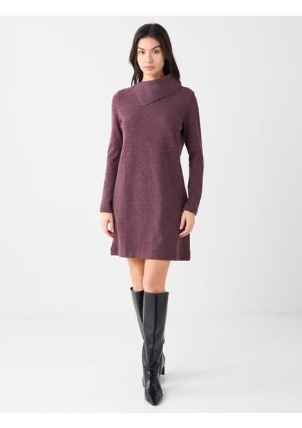 Gül Kurusu Asimetrik Yaka Yumuşak Dokulu Örme Mini Elbise