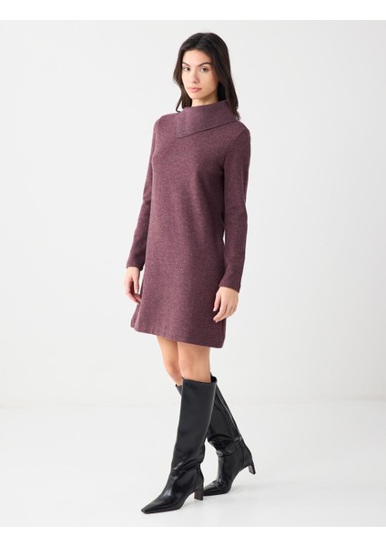 Gül Kurusu Asimetrik Yaka Yumuşak Dokulu Örme Mini Elbise