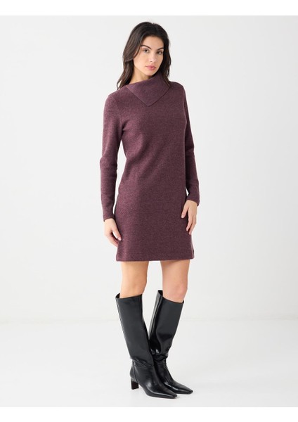 Gül Kurusu Asimetrik Yaka Yumuşak Dokulu Örme Mini Elbise