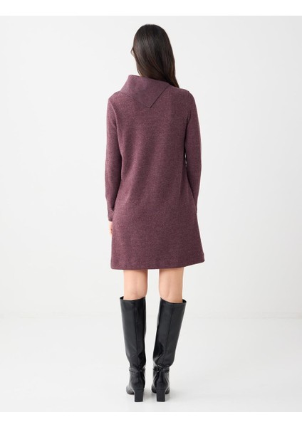 Gül Kurusu Asimetrik Yaka Yumuşak Dokulu Örme Mini Elbise