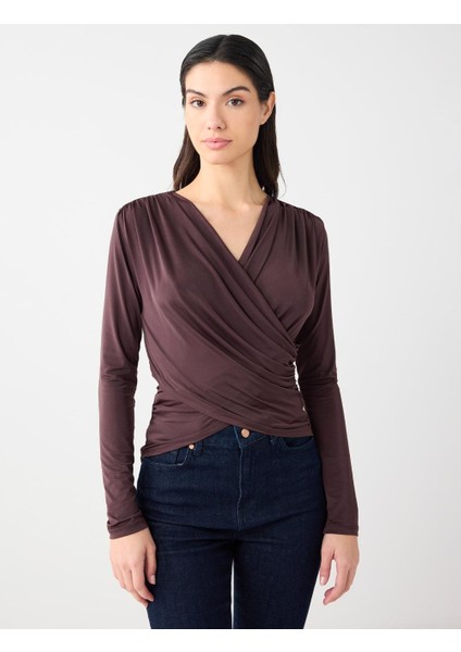 Acı Kahve Dar Kesim Uzun Kollu Çapraz Yaka Örme Bluz