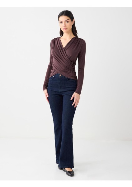 Acı Kahve Dar Kesim Uzun Kollu Çapraz Yaka Örme Bluz