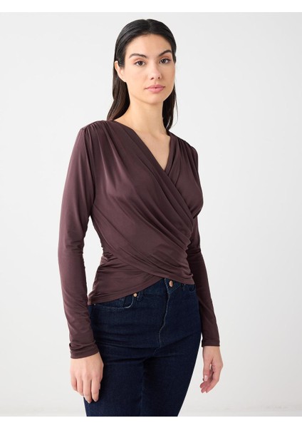 Acı Kahve Dar Kesim Uzun Kollu Çapraz Yaka Örme Bluz