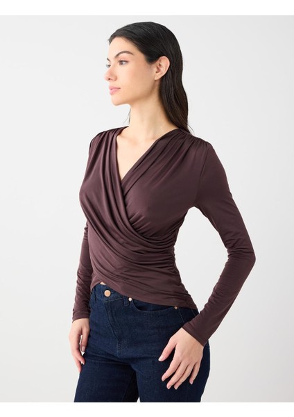 Acı Kahve Dar Kesim Uzun Kollu Çapraz Yaka Örme Bluz