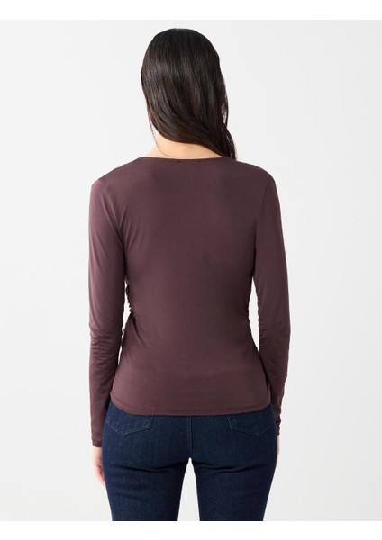 Acı Kahve Dar Kesim Uzun Kollu Çapraz Yaka Örme Bluz