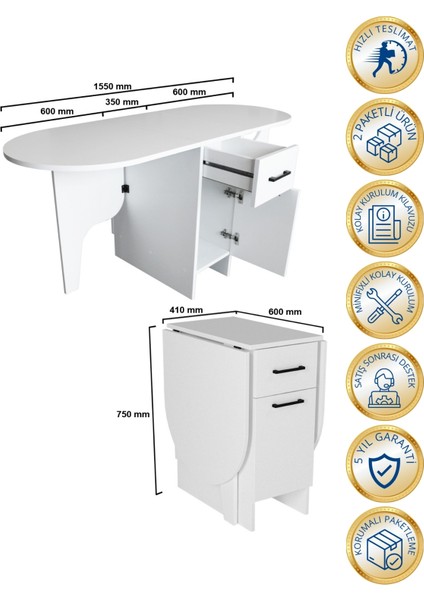Pimora Katlanır Çekmeceli Yemek Masası Pratik Açılır Kapanır Masa Beyaz