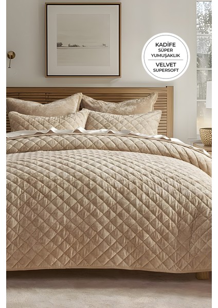 Kapitone Kadife Yatak Örtüsü Seti Çift Kişilik Supersoft 3 Parça Yumuşak Elyaf Dolgulu Çeyizlik