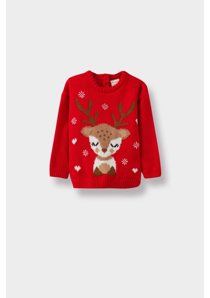 Kız Bebek Yılbaşı Temalı Regular Fit Bisiklet Yaka Yeni Yıl Baskılı Kazak F2591A525WN