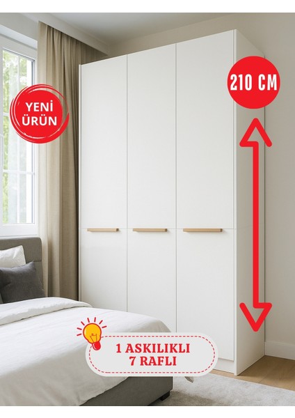 Cosmos 6 Raflı 3 Kapaklı Gardırop - 210 cm Y, 125 cm G - Genç Odası ve Yatak Odası Gardırop