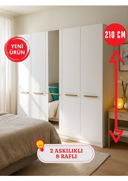 Cosmos 5 Kapaklı Aynalı Gardırop 206 cm – Geniş Iç Hacimli, Modern Beyaz Dolap