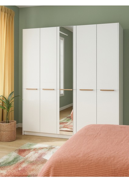 Cosmos 5 Kapaklı Aynalı Gardırop 206 cm – Geniş Iç Hacimli, Modern Beyaz Dolap
