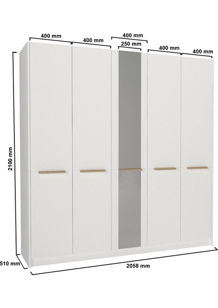 Cosmos 5 Kapaklı Aynalı Gardırop 206 cm – Geniş Iç Hacimli, Modern Beyaz Dolap