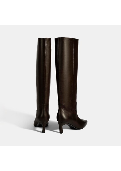 Kadın Kahve Topuklu Deri Çizme