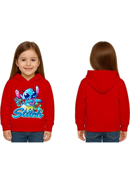 Unisex Stitch Baskılı Çocuk Swaetshirt Baskılı Kapüşonlu 3 Iplik Şardonlu