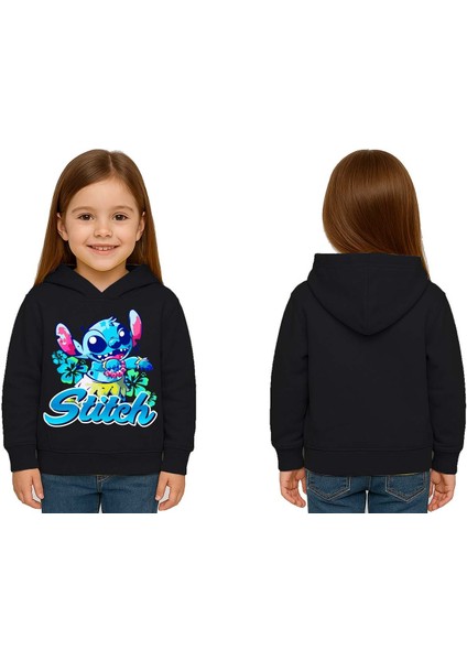 Unisex Stitch Baskılı Çocuk Swaetshirt Baskılı Kapüşonlu 3 Iplik Şardonlu