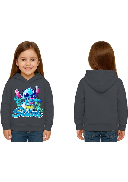 Unisex Stitch Baskılı Çocuk Swaetshirt Baskılı Kapüşonlu 3 Iplik Şardonlu