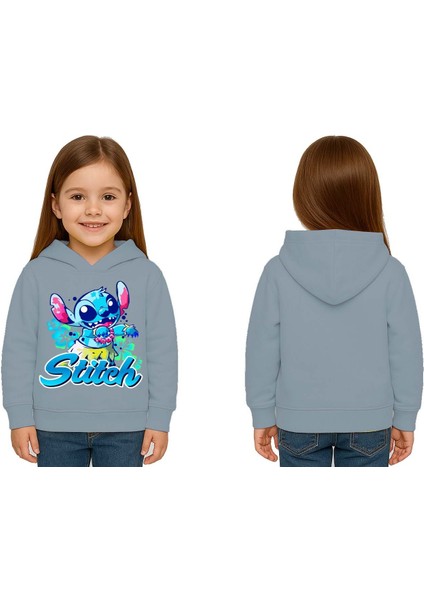 Unisex Stitch Baskılı Çocuk Swaetshirt Baskılı Kapüşonlu 3 Iplik Şardonlu