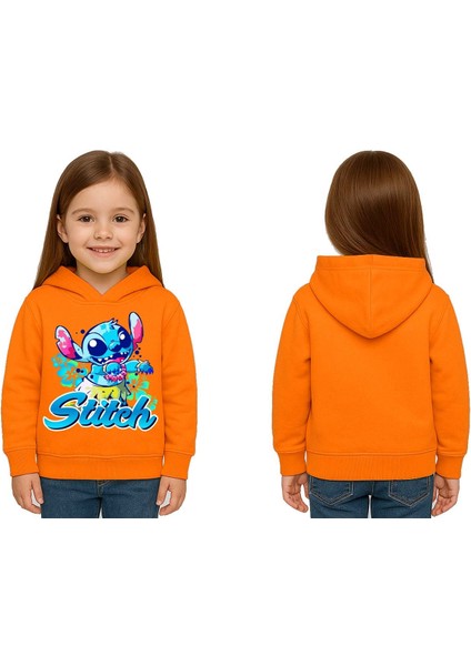 Unisex Stitch Baskılı Çocuk Swaetshirt Baskılı Kapüşonlu 3 Iplik Şardonlu