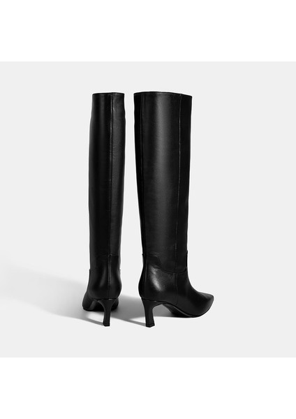 Kadın Siyah Topuklu Deri Çizme