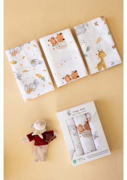 Çok Amaçlı Müslin Örtü & Battaniye 3'lü Set %100 Pamuk Oeko-Teks Sertifikalı 80X80 cm