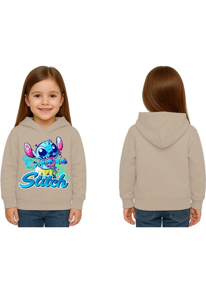 Unisex Stitch Baskılı Çocuk Swaetshirt Baskılı Kapüşonlu 3 Iplik Şardonlu