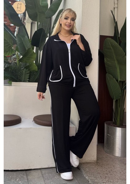 Kadın Büyük Beden Beyaz Biye Detay Likralı Kristal Iki Iplik Takım