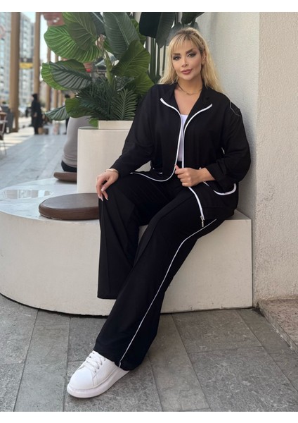 Kadın Büyük Beden Beyaz Biye Detay Likralı Kristal Iki Iplik Takım