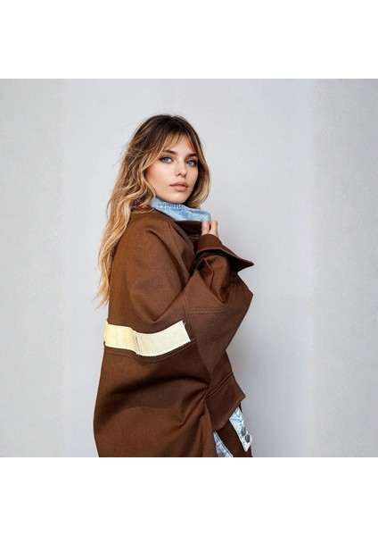 Kahverengi Gabardin Kadın Ceket, Rahat Kalıplı Kadın Mont