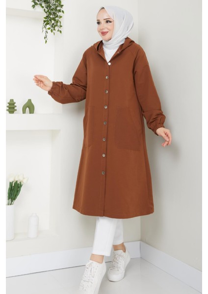 Torino Kumaş Düğmeli Kapüşonlu Trenç- Kahverengi