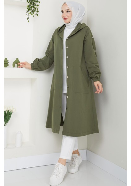 Torino Kumaş Düğmeli Kapüşonlu Trenç- Haki