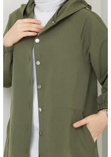 Torino Kumaş Düğmeli Kapüşonlu Trenç- Haki modelleri