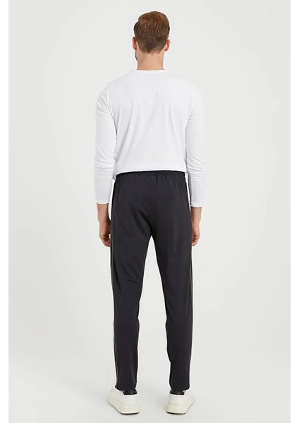 Erkek Haki Şeritli Siyah Eşofman Altı Paça Düz Dalgıç Kumaş AS-129