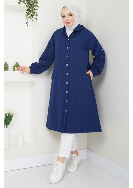Torino Kumaş Düğmeli Kapüşonlu Trenç- Lacivert