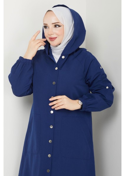 Torino Kumaş Düğmeli Kapüşonlu Trenç- Lacivert modelleri
