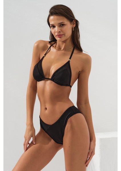 Tül Detaylı Üçgen Bikini Siyah 231210