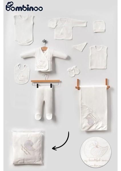 Kuğu Nakışlı Unisex 10 Parça Yeni Doğan Hastane Çıkışı Zıbın Seti