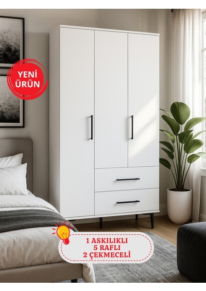 Nuna Gardırop 3 Kapaklı 2 Çekmeceli – 180X90 cm Genç ve Yatak Odası Dolabı