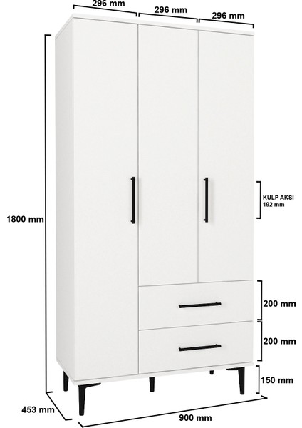 Nuna Gardırop 3 Kapaklı 2 Çekmeceli – 180X90 cm Genç ve Yatak Odası Dolabı