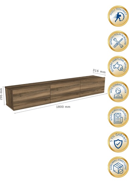 Cercei Tv Ünitesi Modern Tasarım, Geniş Ekran Uyumlu, Raflı ve Geniş Alanlı Tv Sehpası 180 cm Ceviz