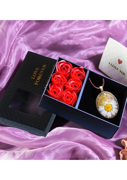 Kırmızı Gül & Epoksi Papatya Kolye Hediye Kutusu