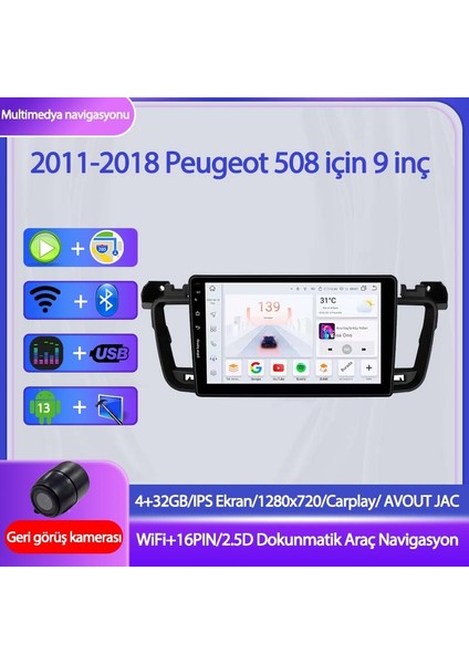 Peugeot 508 2011-2018 Yıl Uyumlu 9 Inç 4 GB Ram 32 GB Hafıza Multimedya Carplay Navigasyon Kamera
