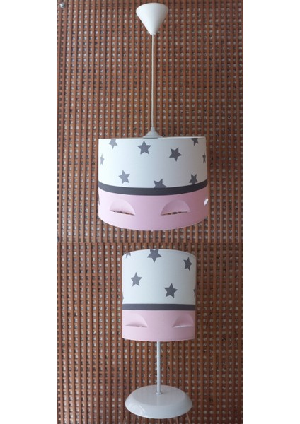 Beyaz Yıldızlı Pembe 2.li Set M-756 Kumaş Kaplama Genç ve Çocuk Odası Avize ve Abajur Takımı