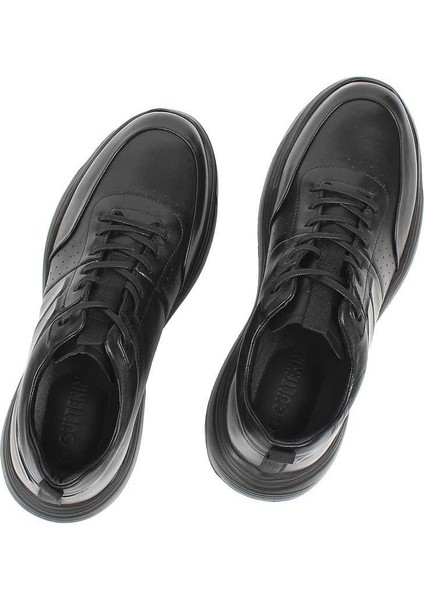 Erkek Siyah Bağcıklı Kalın Tabanlı Deri Sneaker