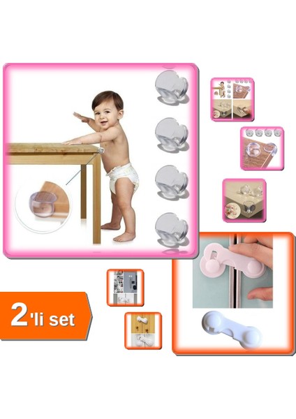 Bebek Çocuk Köşe Koruyucu 4 Adet + Dolap Kapak Kilidi Vidasız Yapışkanlı Güvenlik 2li Set YT47PL